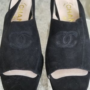 Chanel Black Suede Peep Toe Slingbacks EUC